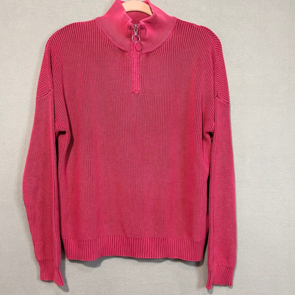 Kokun Pink Quarter Zip Pullover Sweater Ribbed Knit Long Sleeve Womens Medium